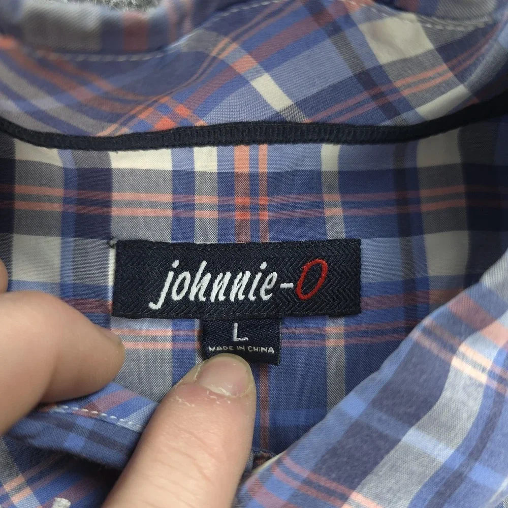 Johnnie O Shirt Mens Large Blue Plaid Button Down Long Sleeve Surf‎ Logo Casual